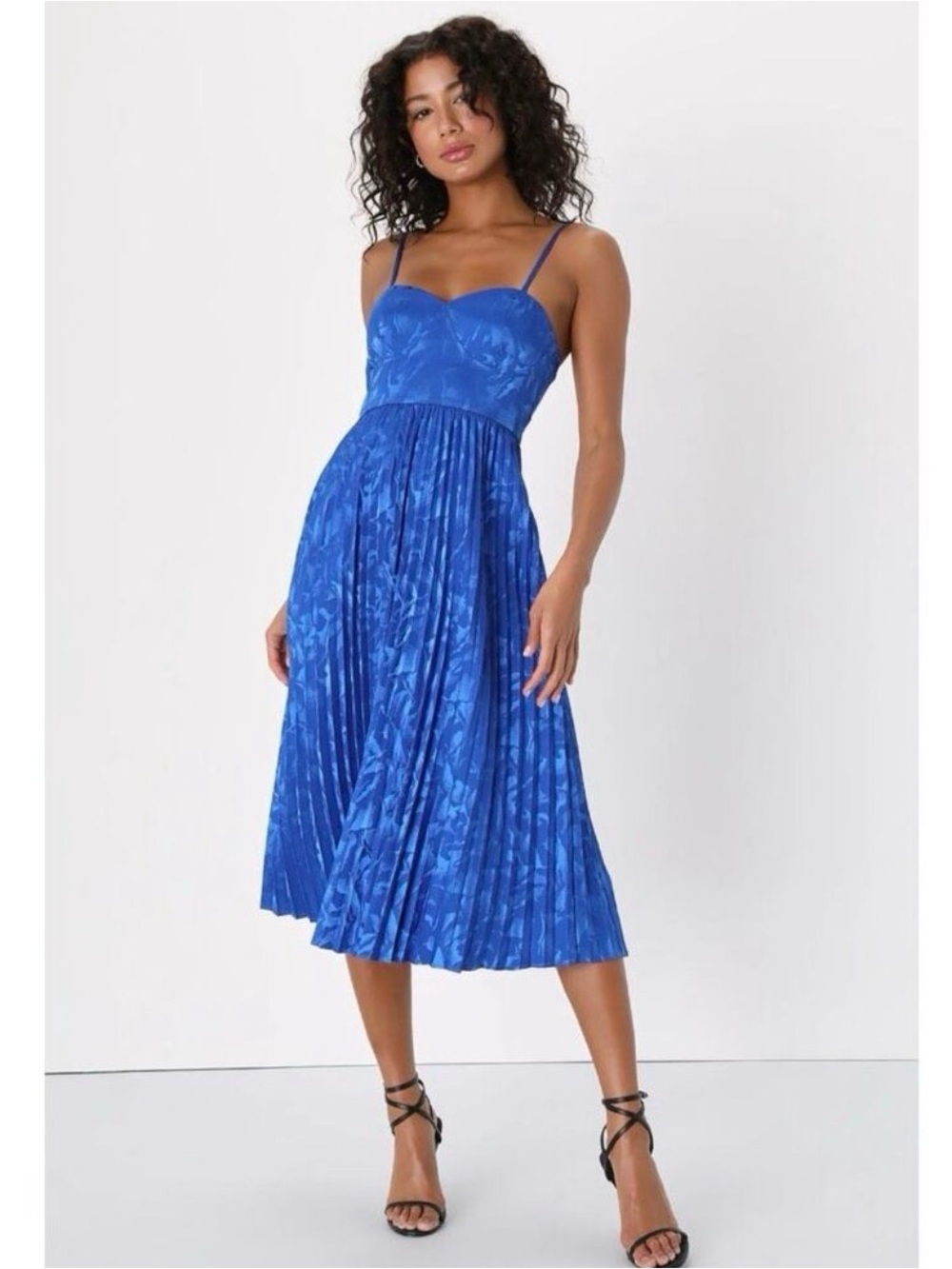 Lulu's Royal Blue Satin Midi Dress with Pleated Skirt